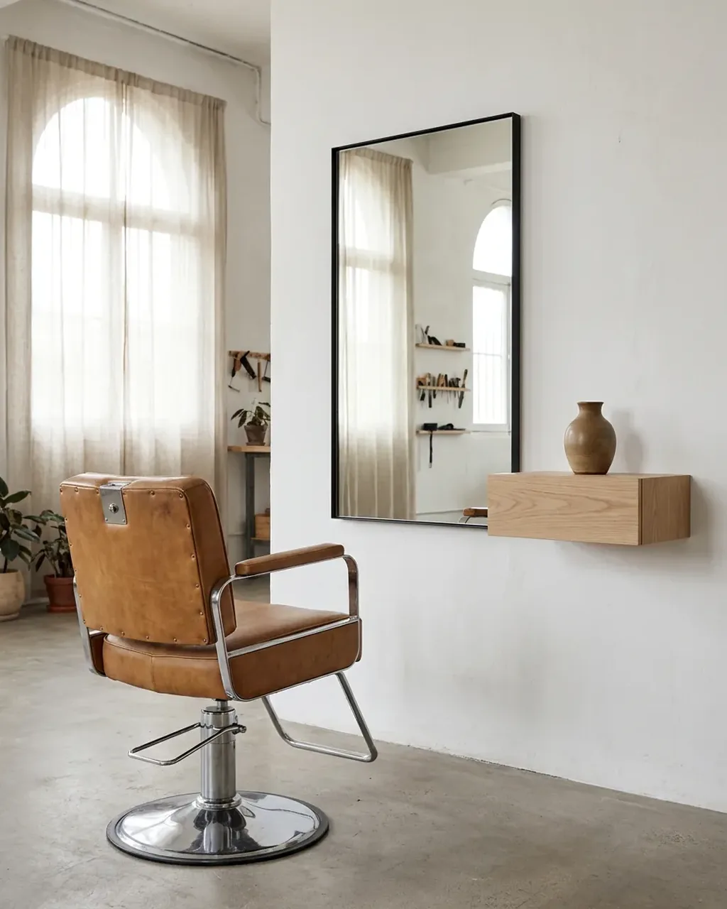 Un des quatre fauteuils de l'atelier, cuir et métal patiné