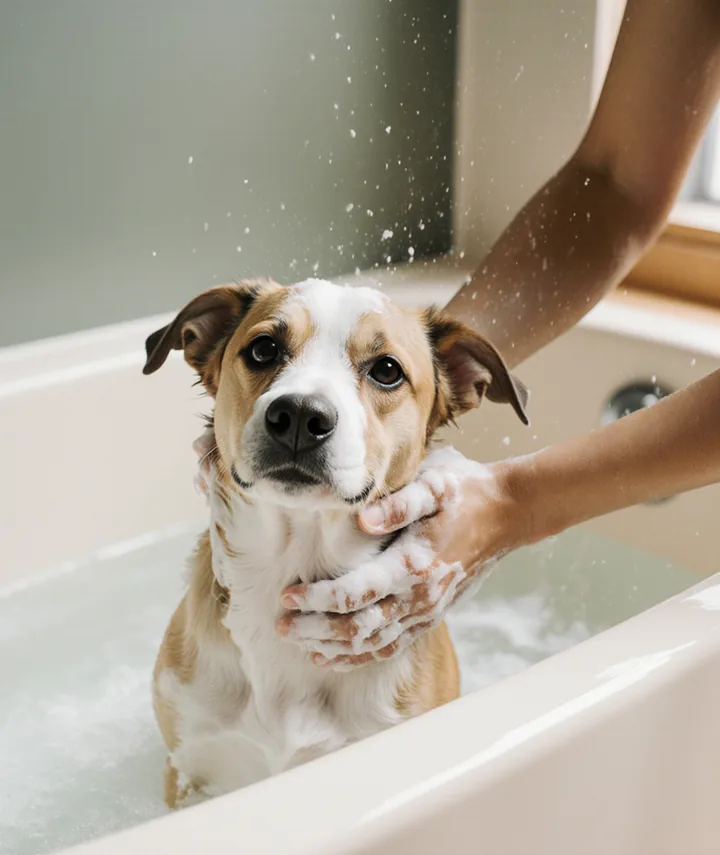 Chien lavé délicatement à la main dans une baignoire, mousse douce et eau tiède