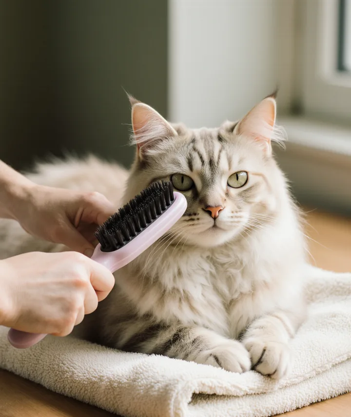 Chat à poils longs brossé avec douceur sur une serviette, l'air détendu