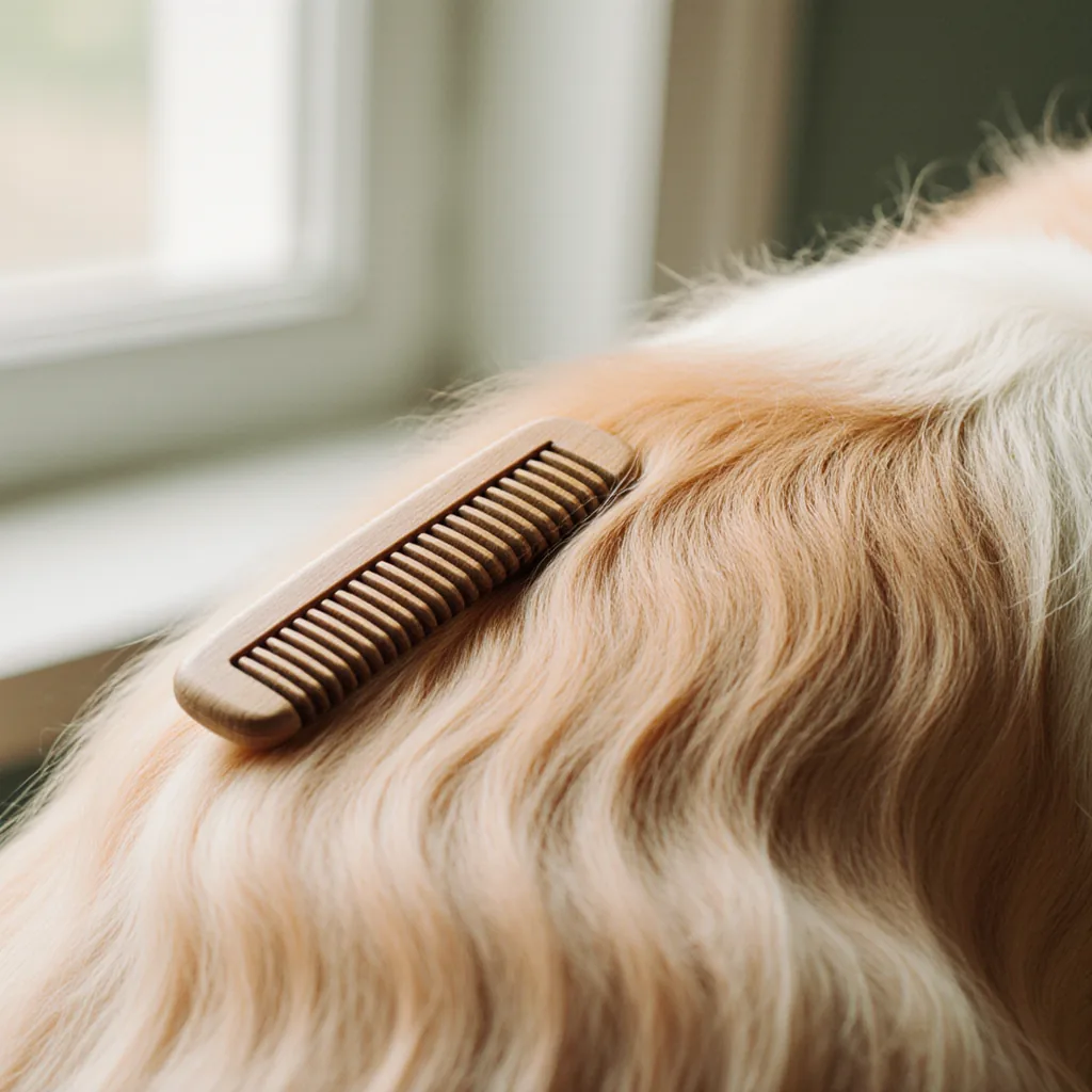 Gros plan d'un pelage brossé et brillant avec un peigne en bois