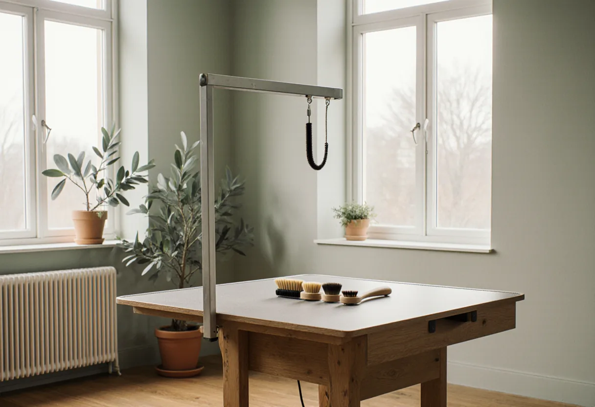 Intérieur calme et lumineux du salon, table de toilettage en chêne et plantes vertes