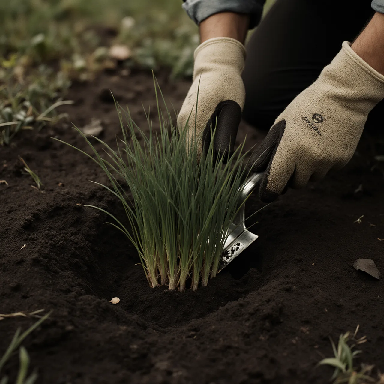 Mains gantées plantant une graminée à la truelle dans la terre