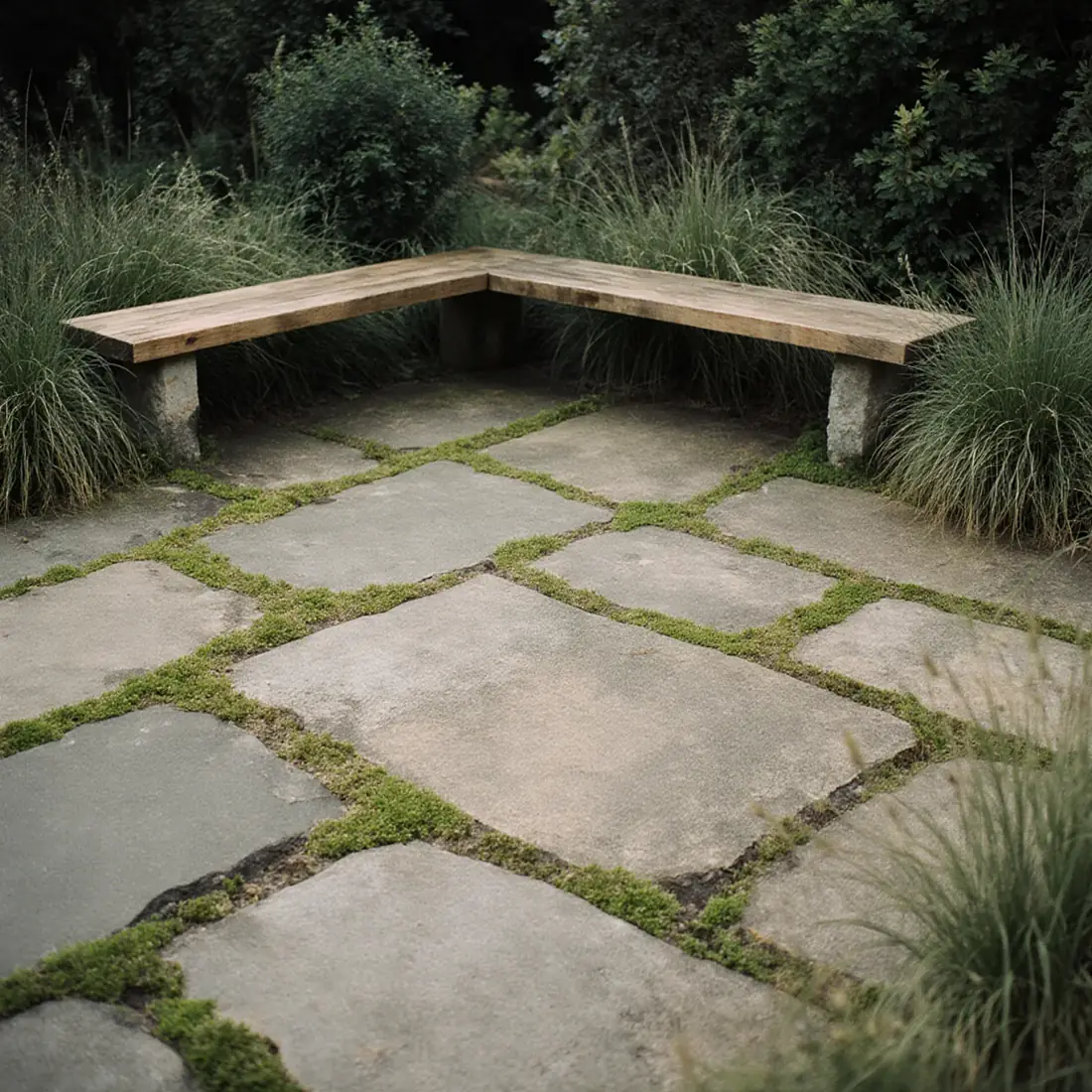 Terrasse en pierre naturelle bordée de graminées, lumière douce