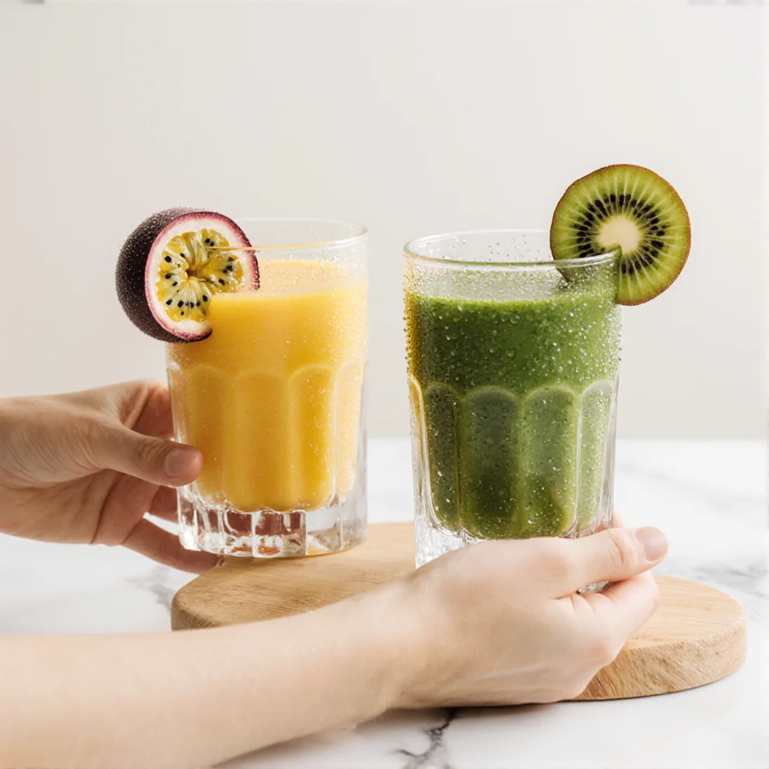 Smoothies frais mangue-passion et vert