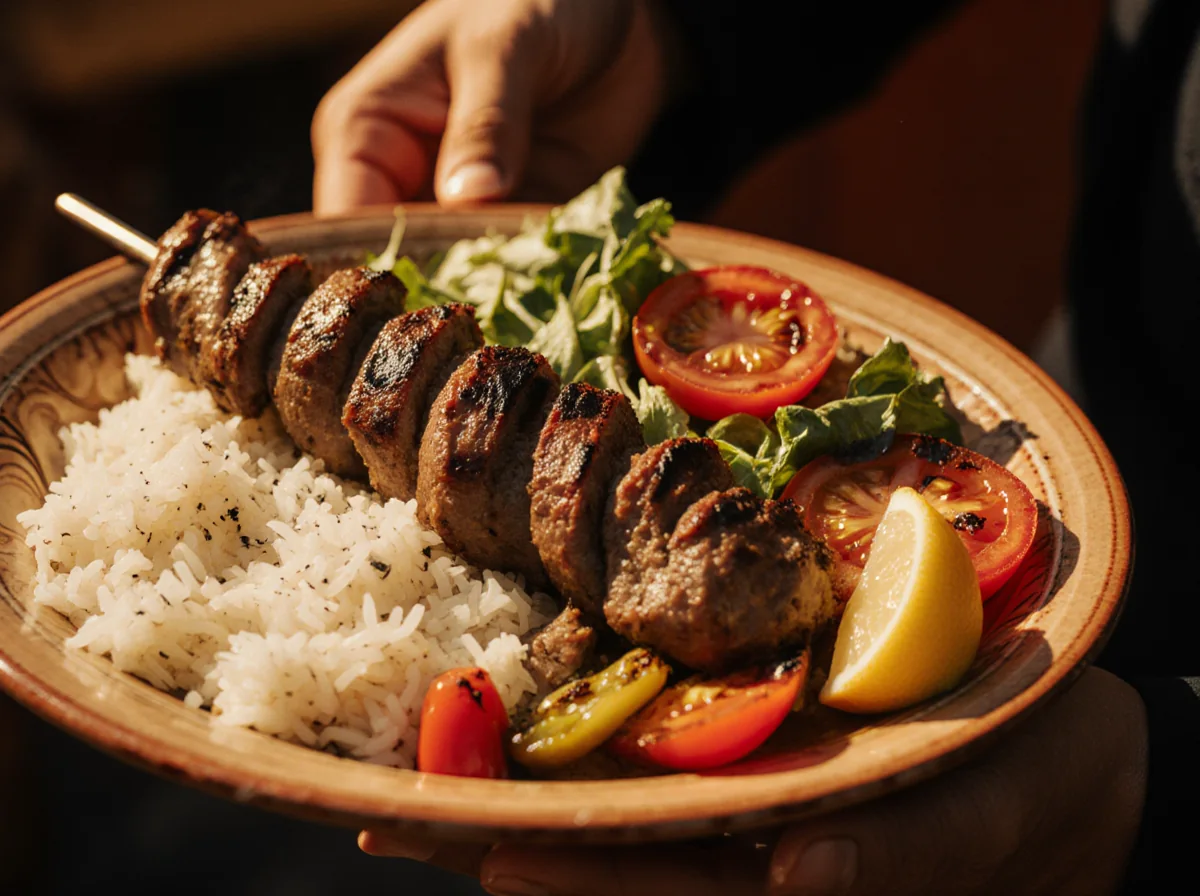 Assiette kebab, riz, salade, légumes grillés