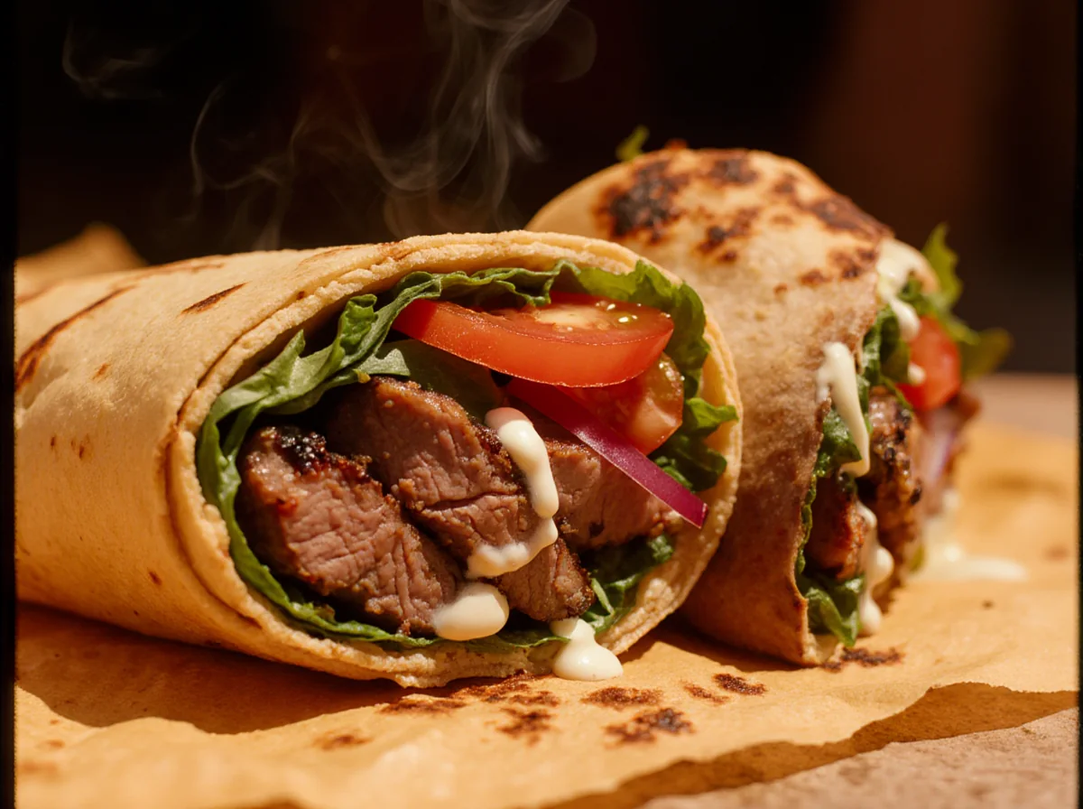 Dürüm döner, herbes fraîches, sauce blanche